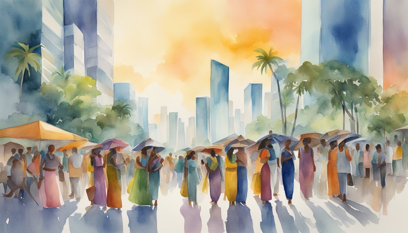 Colorful watercolor of people with umbrellas in cityscape.