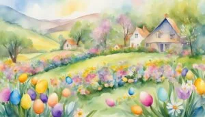 Watercolor painting of a vibrant spring countryside scene.