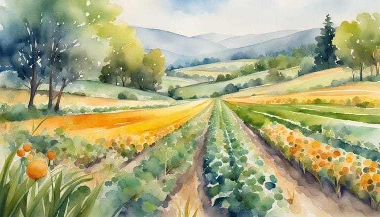 Watercolor painting of a vibrant rural landscape.