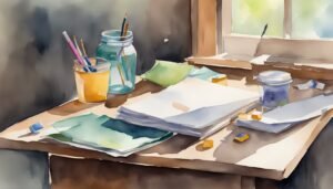 Watercolor painting of artist's desk with brushes and paper.