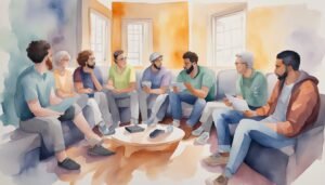 Watercolor of group discussion indoors.