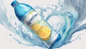 Illustrated water bottle with lemon splashing in water.