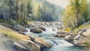 Watercolor painting of a serene forest stream.