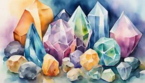 Colorful watercolor crystals and gemstones illustration.