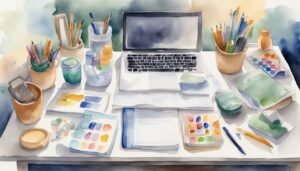 Artist's desk with watercolor supplies and laptop.