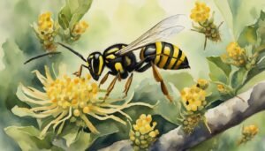 Watercolor painting of wasp on flower cluster.