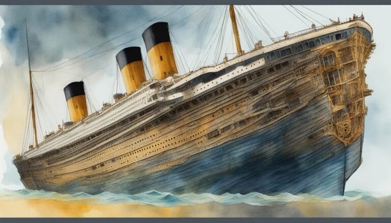 Historic ocean liner painting, dramatic sea, and sky.