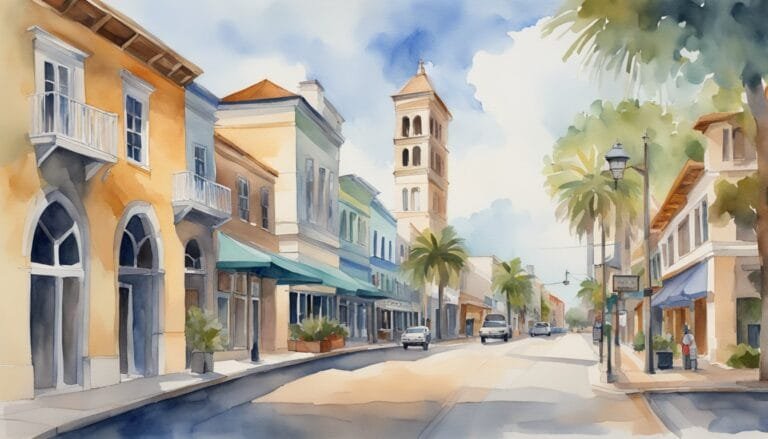 Colorful watercolor of sunny palm-lined street.