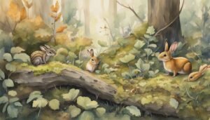 Watercolor painting of rabbits in a forest scene.