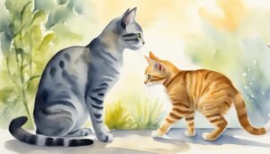 Two cats interacting in a vibrant watercolor painting.