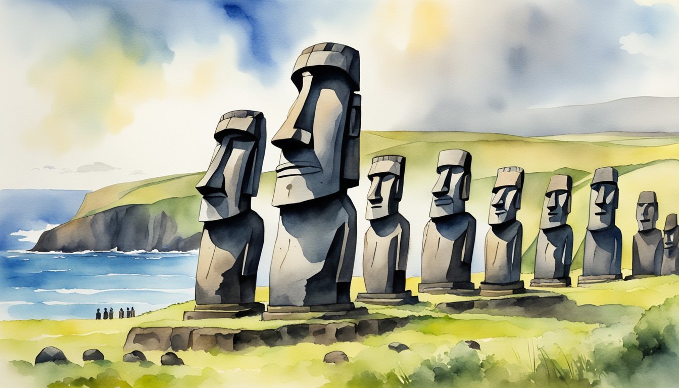 Watercolor painting of Moai statues on Easter Island.