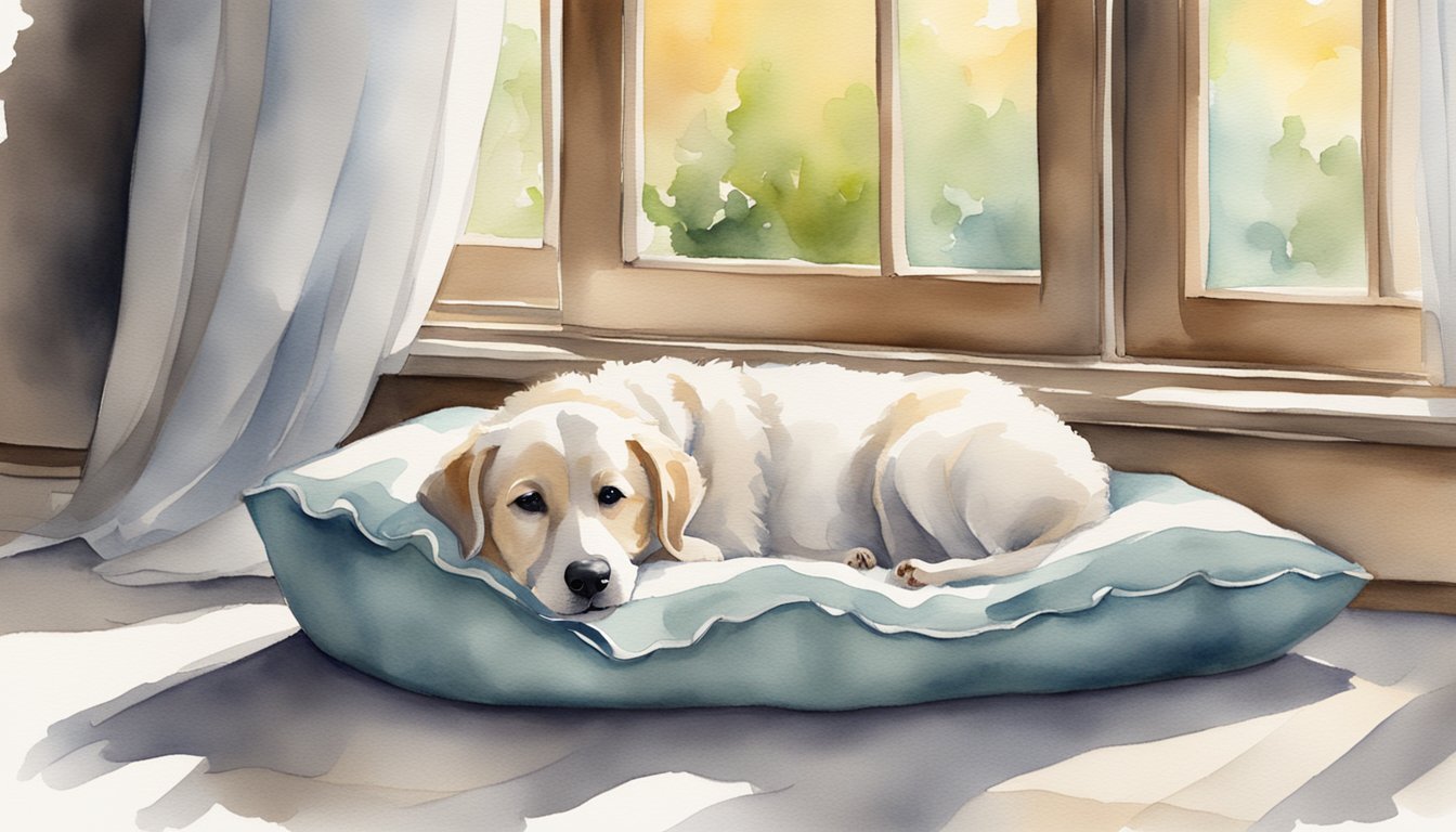 Dog resting on pillow by sunny window.