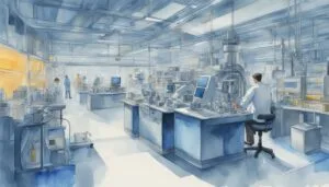 Scientists working in modern blue-toned laboratory.