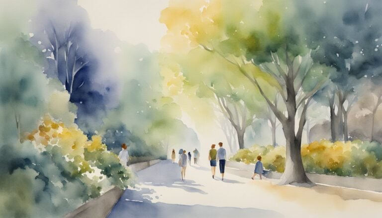 Watercolor painting of people walking in a lush park.