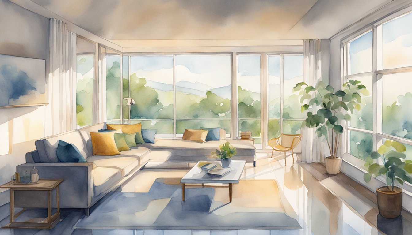 Sunlit living room with scenic mountain view, watercolor painting.