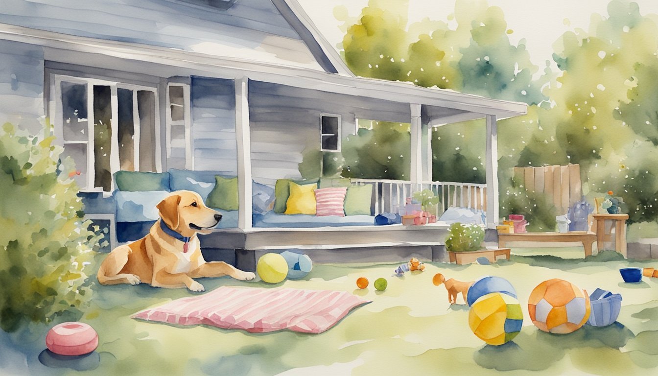 Watercolor of dog relaxing on sunny home porch.