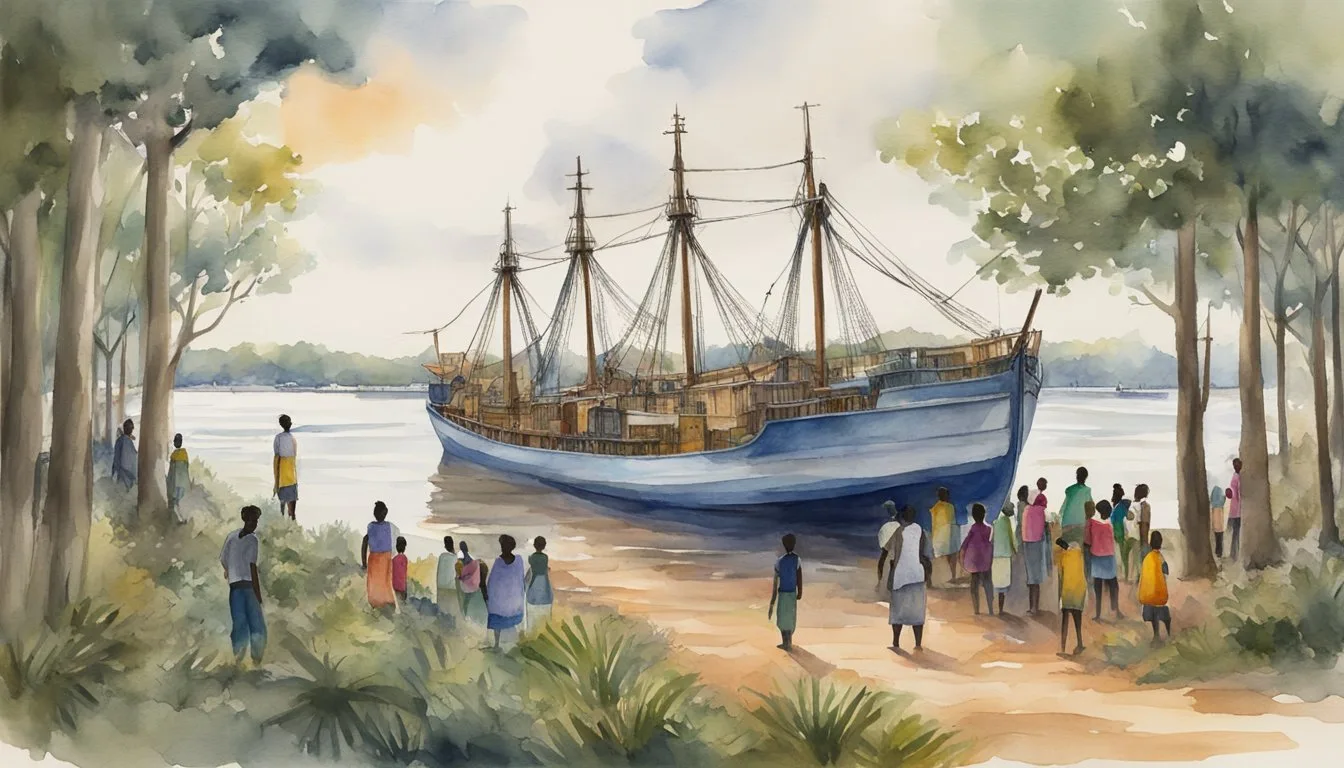 Watercolor of people admiring ship by riverside.