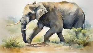 Watercolor painting of an elephant walking in nature.