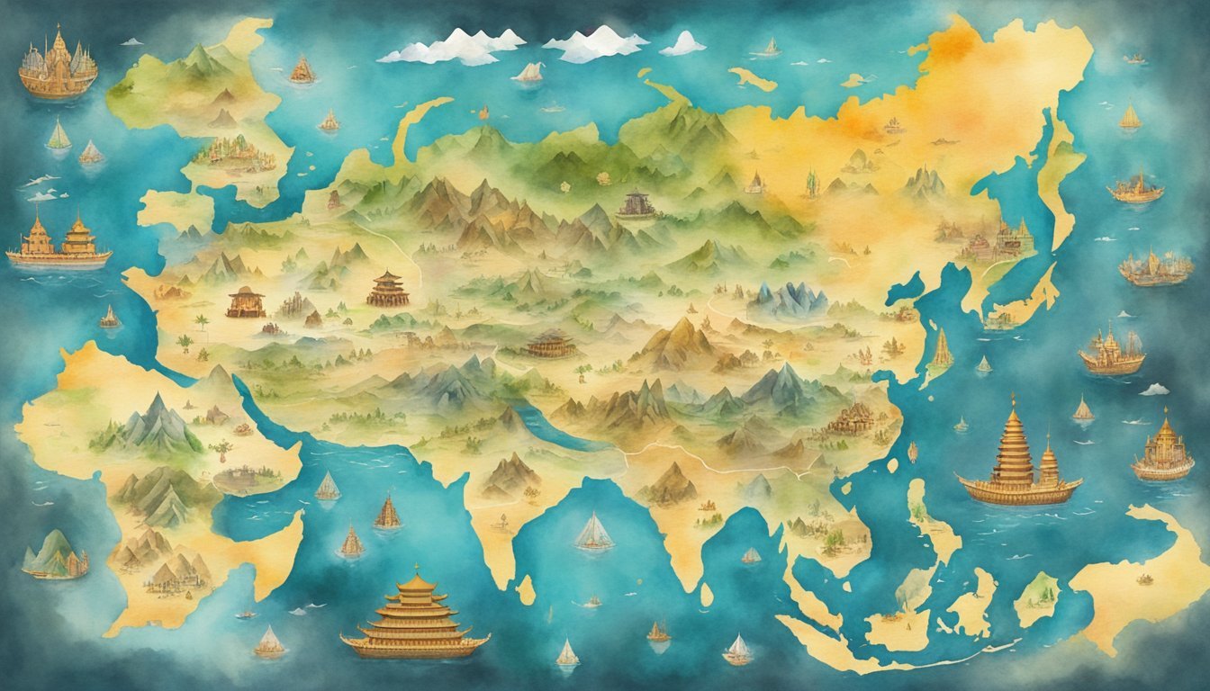 Watercolor fantasy map with mountains, ships, and Asian architecture.