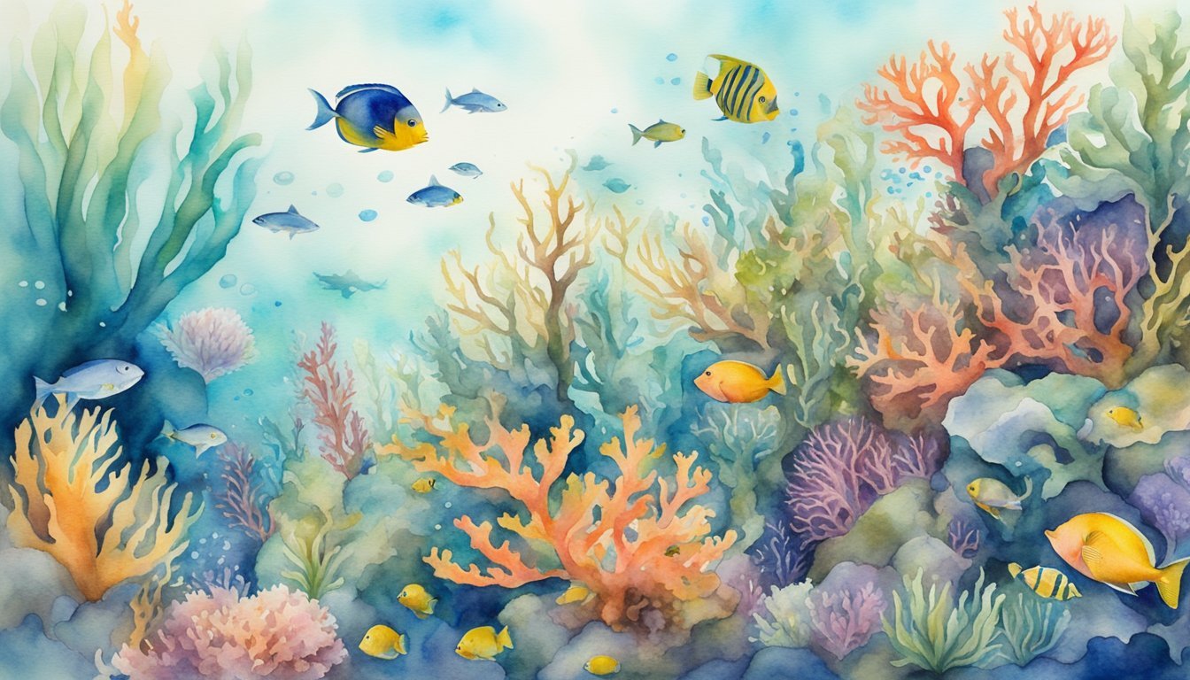 Colorful watercolor coral reef with tropical fish scene.