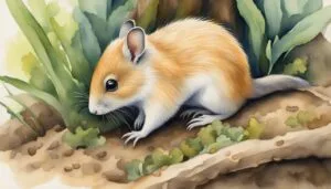 Golden mouse on foliage, watercolor illustration.