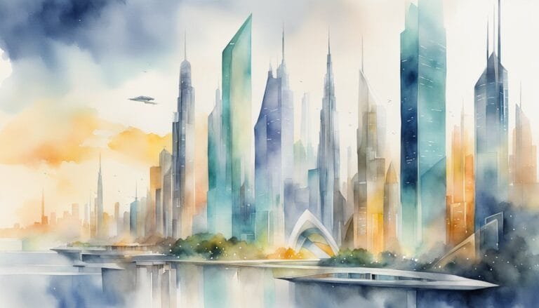 Watercolor painting of a futuristic cityscape at sunrise.