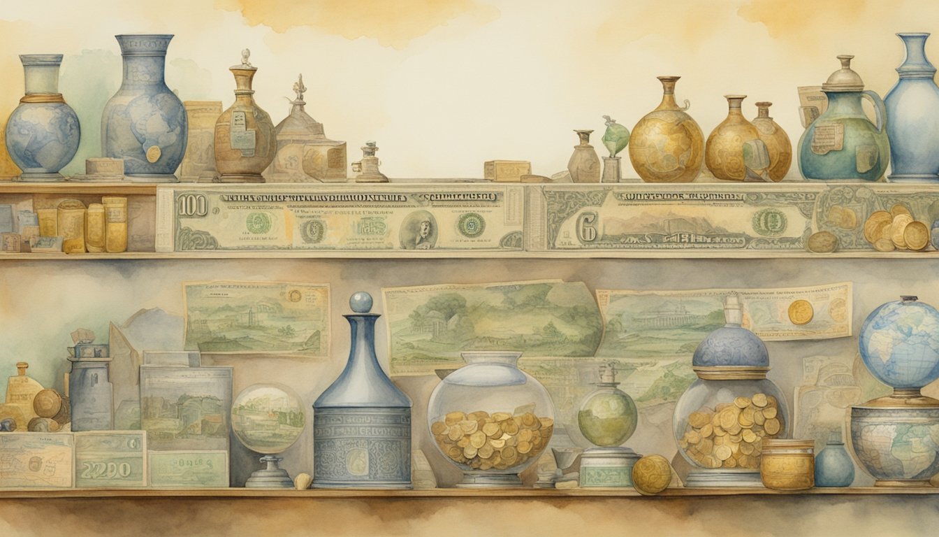 Vintage vases and global currency watercolor illustration.