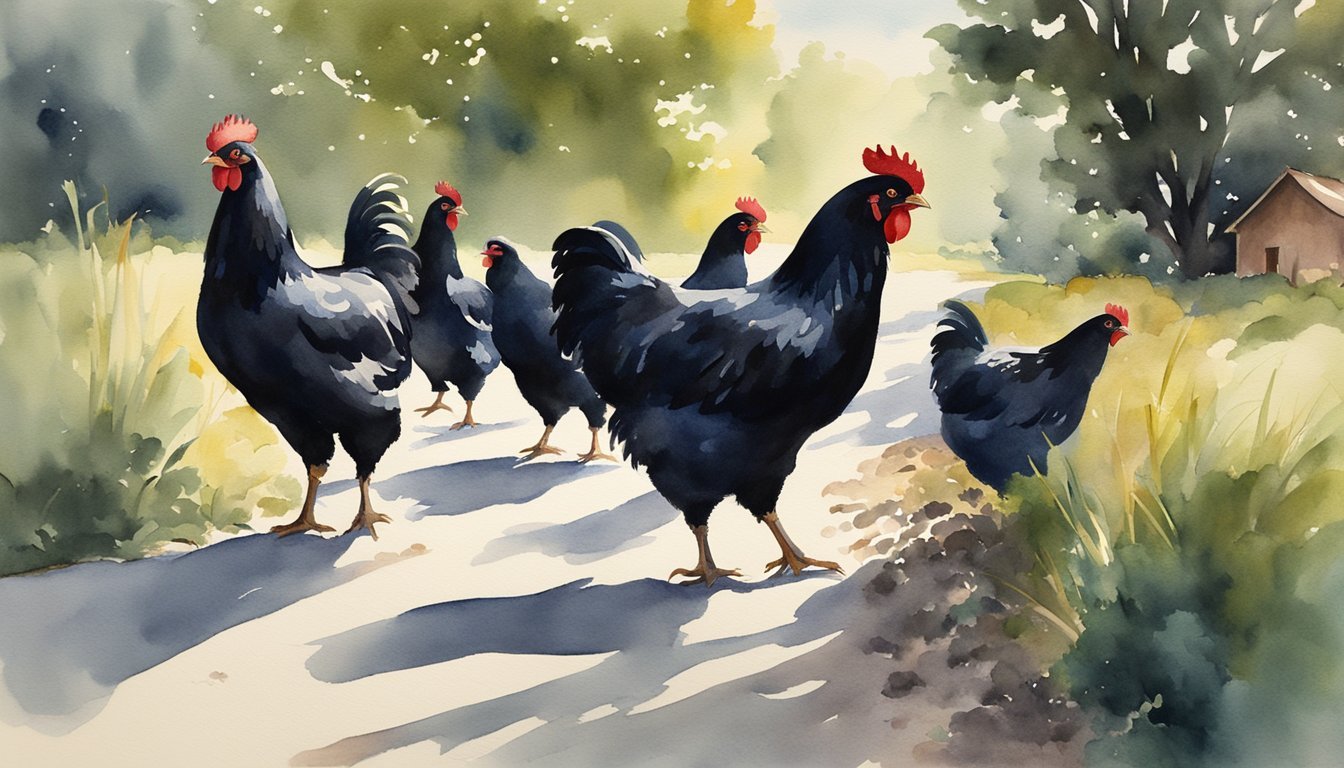 Watercolor of black chickens on rural path.