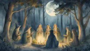 Witches in moonlit forest ritual with candles.