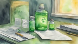 Watercolor of recycled bottles, papers on desk near window.