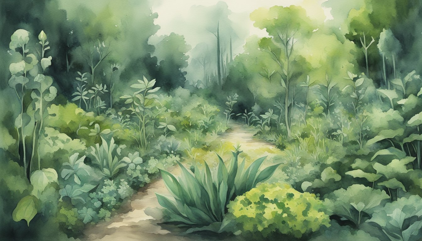 Watercolor painting of serene, lush green forest path.