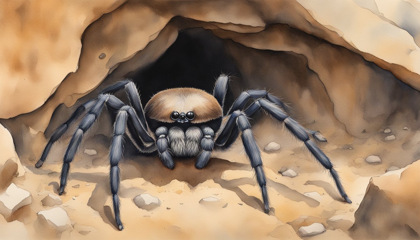 Large spider perched at cave entrance in desert.