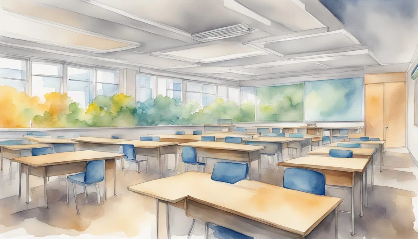 Watercolor painting of an empty classroom with desks.