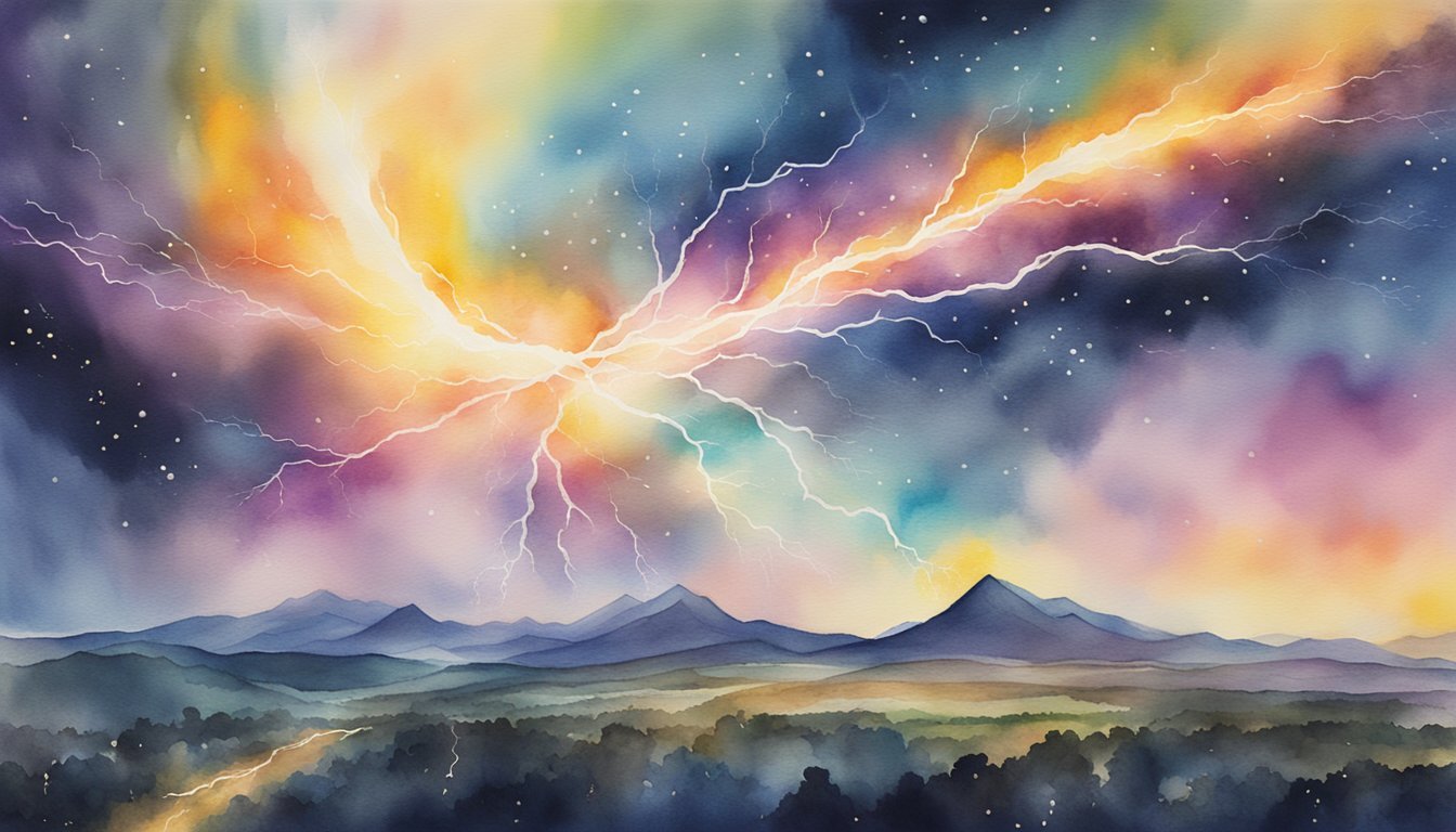 Colorful watercolor painting of lightning over mountains.