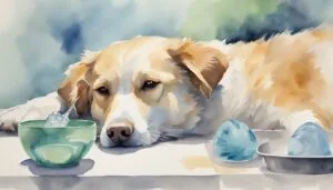 Watercolor painting of dog with bowls.