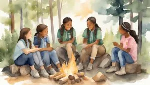 Girls chatting around campfire in forest.