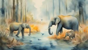 Watercolor painting of elephants in misty forest landscape.