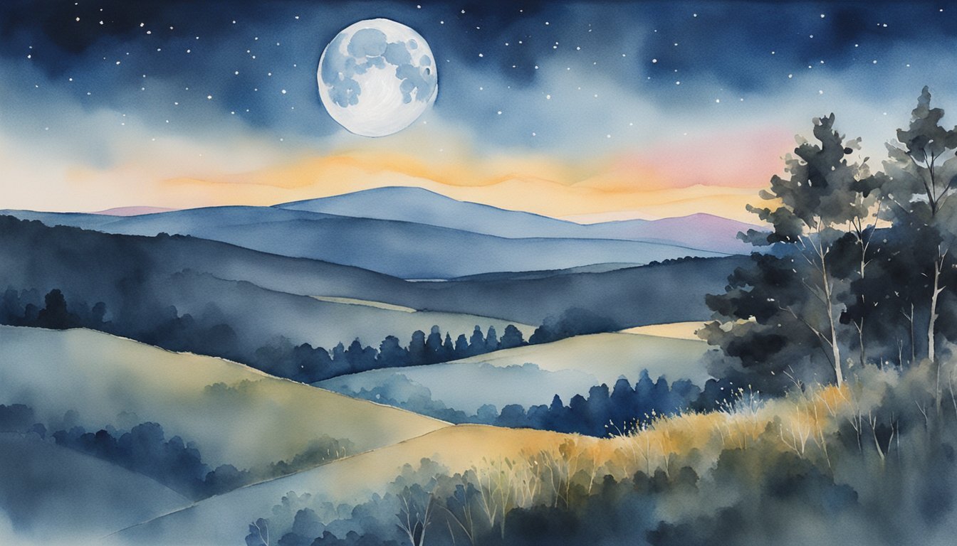 Watercolor landscape with full moon and rolling hills.