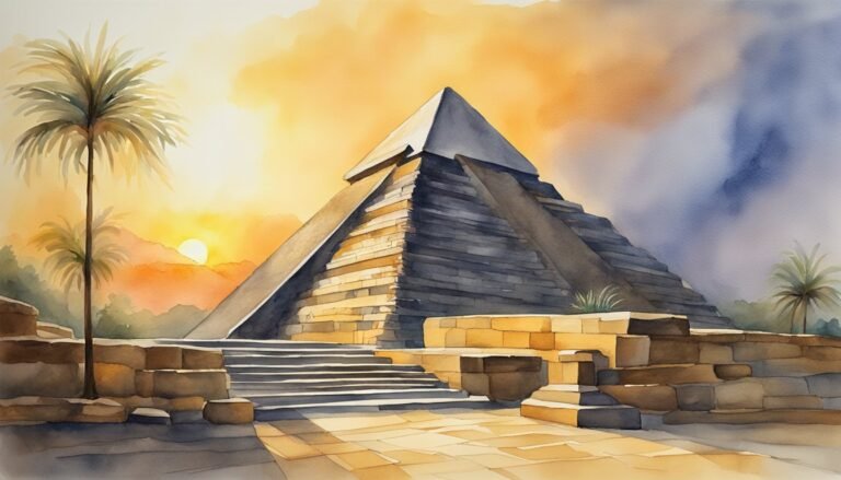 Watercolor painting of a pyramid at sunset with palm trees.