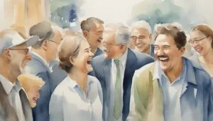 Group of joyful adults laughing together, watercolor painting.