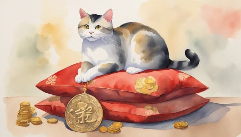 Cat on red cushions with Chinese gold coin.