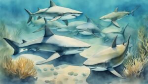 Watercolor illustration of sharks swimming near coral reef.