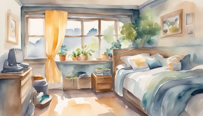 Sunny, cozy watercolor bedroom with open window and plants.