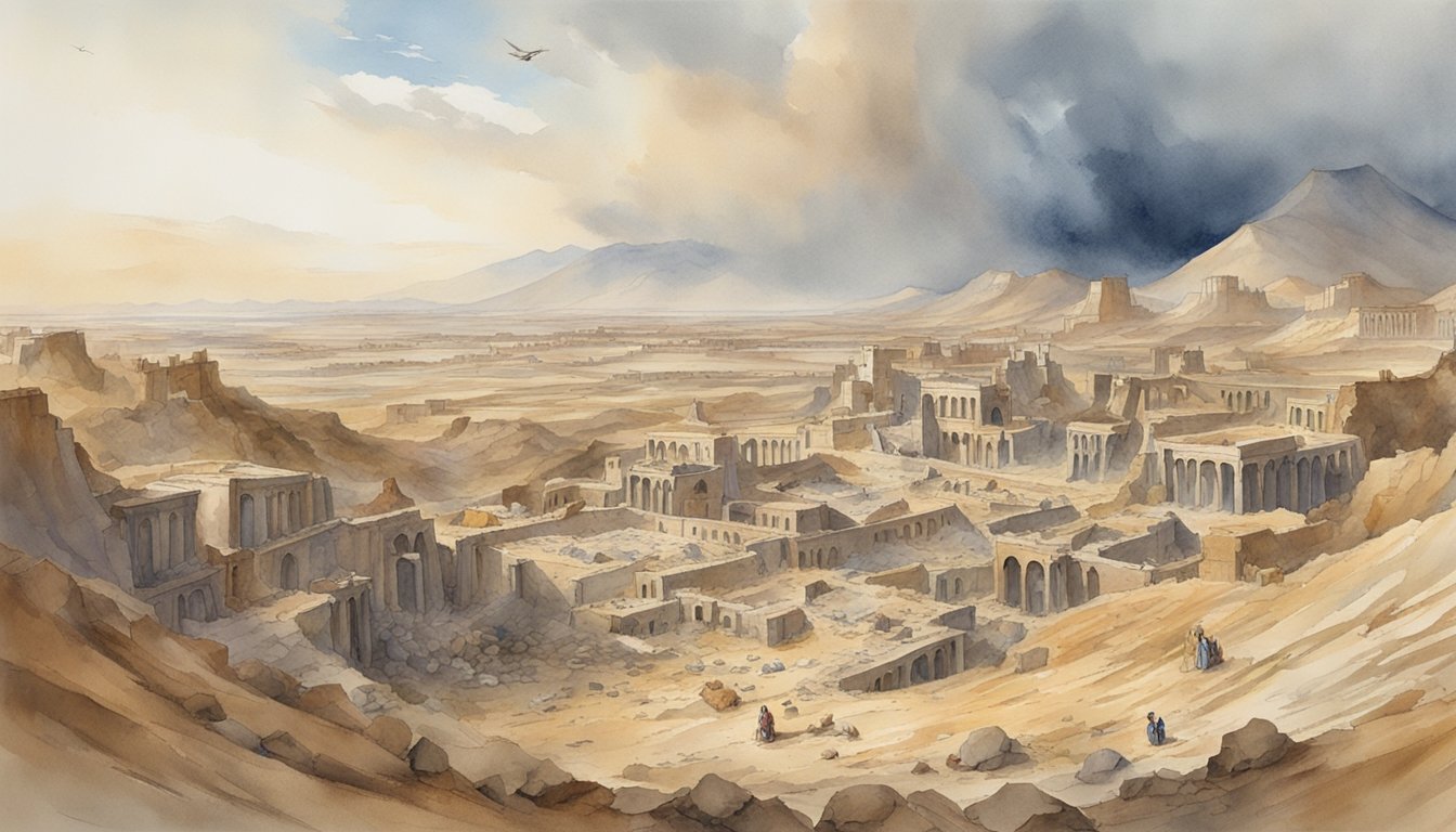 Watercolor painting of ancient ruins in a desert landscape.