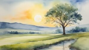 Watercolor painting of sunset, tree, and stream in meadow.