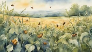 Watercolor painting of ladybugs and plants in landscape.