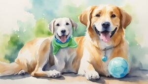 Two happy dogs with ball, watercolor illustration.