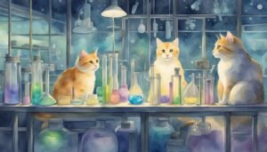 Three cats among colorful laboratory glassware.