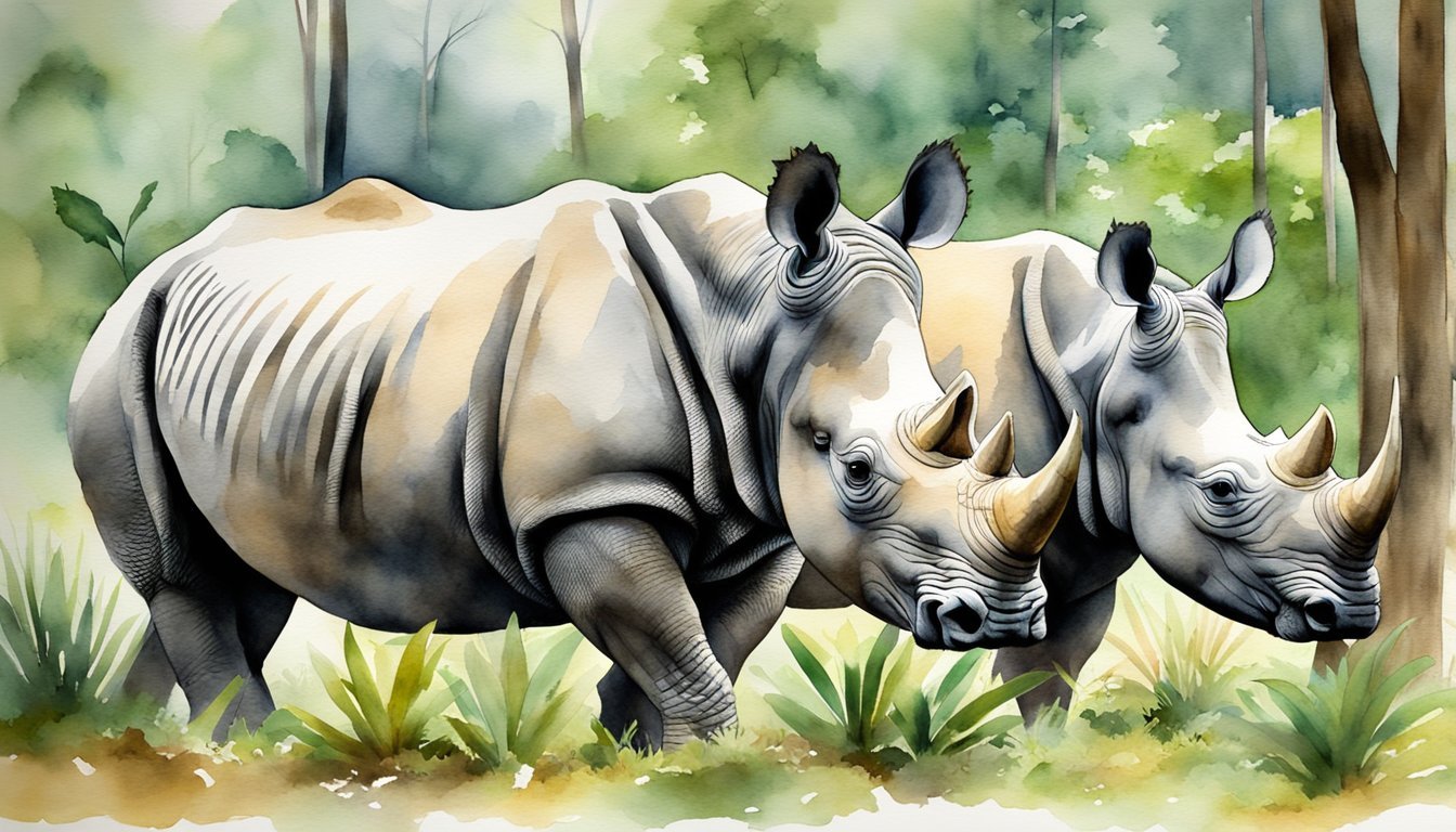 Watercolor painting of two rhinoceroses in a lush landscape.