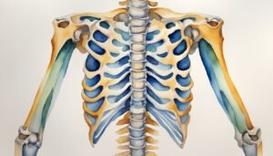 Watercolor illustration of human rib cage and spine.